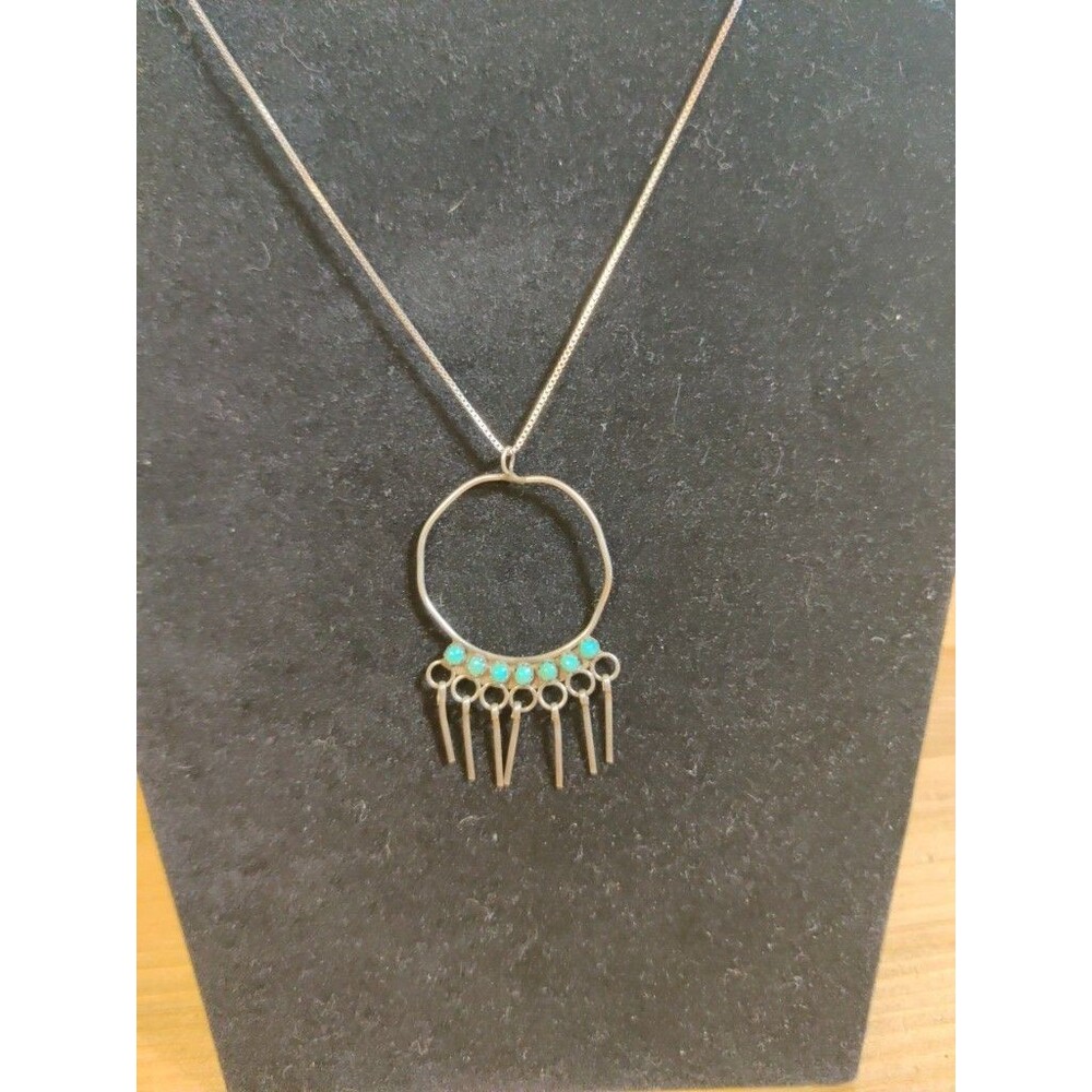 Vtg Zuni Petit Point Necklace Pendant Tested Silver Turquoise 18" 925 Chain 4g